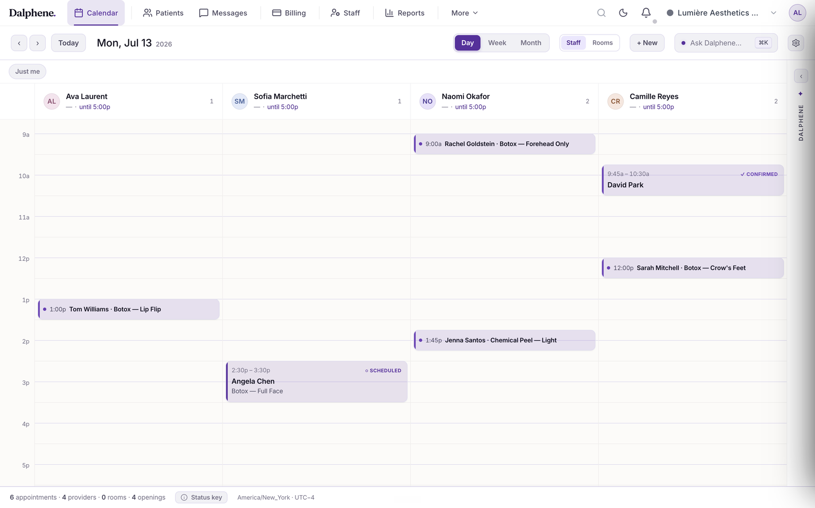 The Dalphene calendar on a clinic day — four providers, appointments across the day